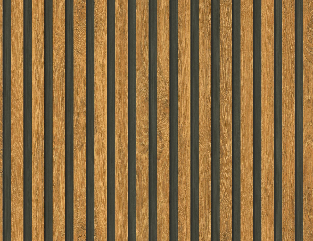 Honey brown wood slat wallpaper with narrow dark vertical grooves, matte finish.