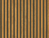 Honey brown wood slat wallpaper with narrow dark vertical grooves, matte finish.