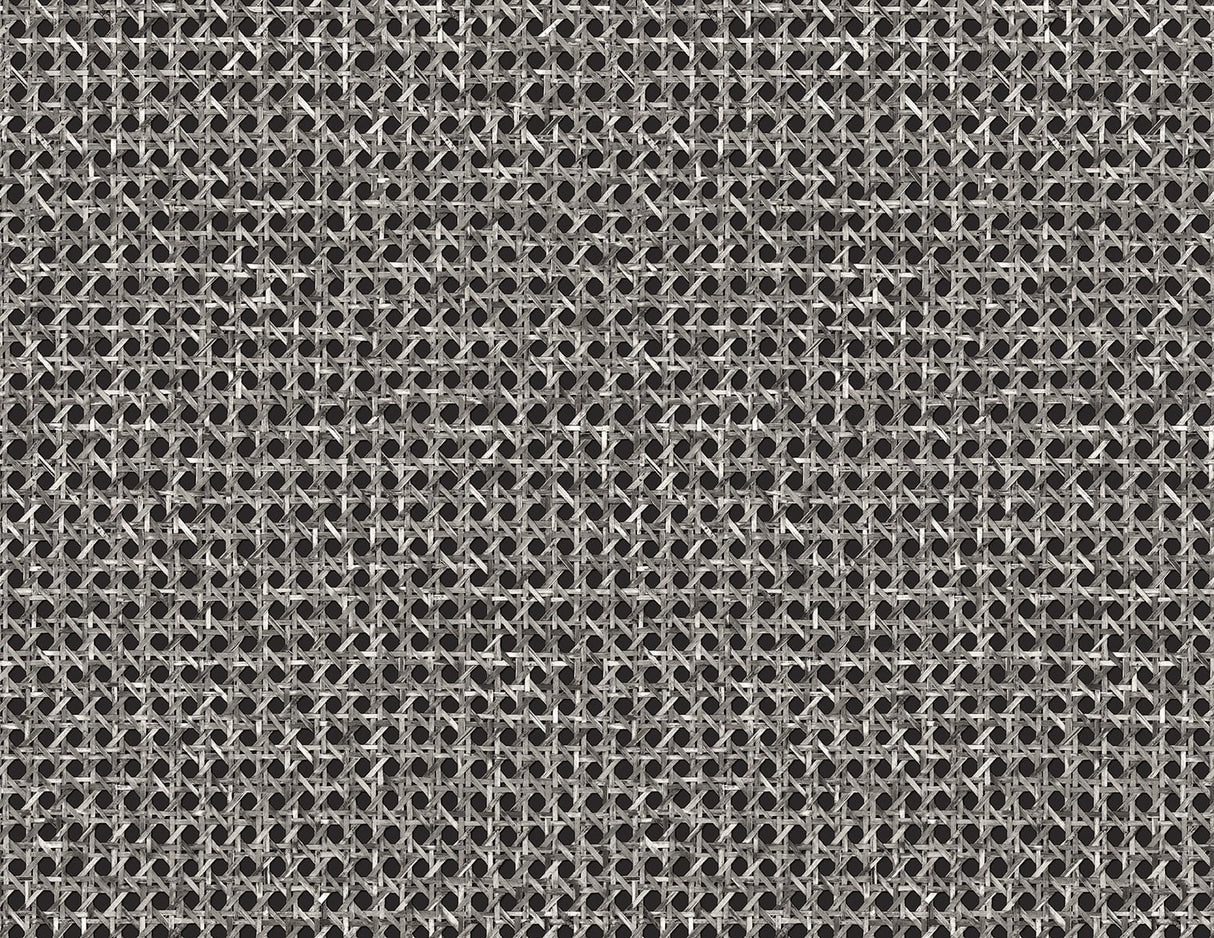 Mika Onyx matte weave pattern wallpaper in black and gray, shown as a small-scale lattice weave texture.