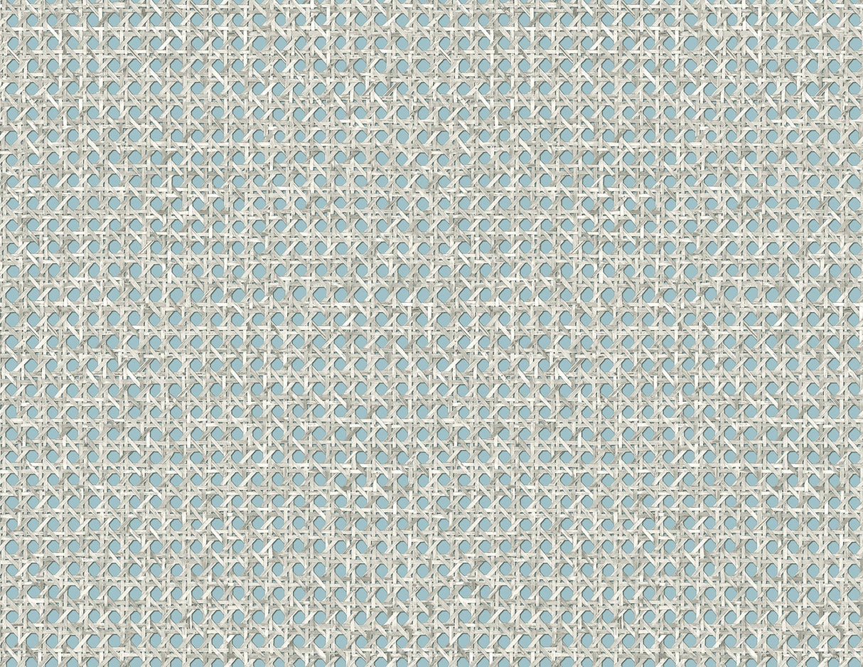 Mika wallpaper in Oceanside featuring a woven lattice texture pattern in soft blue and neutral tones