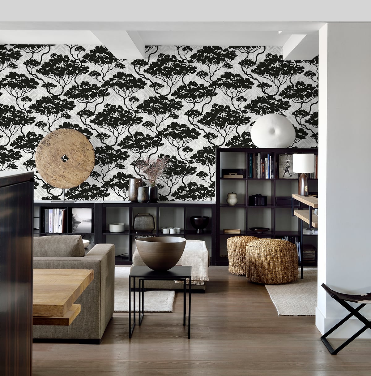 Nara Stringcloth Onyx & Fog by Japandi Style Botanical Wallpaper – Seabrook Designs JP11700