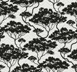 Black tree silhouettes over a subtle chevron ground in the Nara Stringcloth wallpaper colorway Onyx & Fog.
