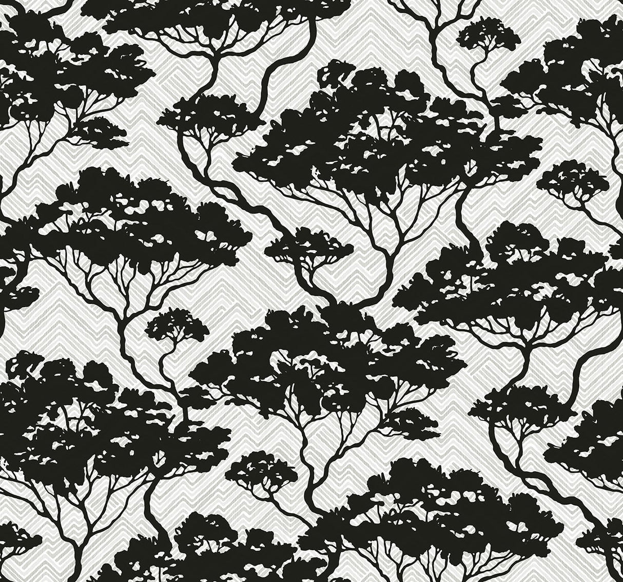 Black tree silhouettes over a subtle chevron ground in the Nara Stringcloth wallpaper colorway Onyx & Fog.