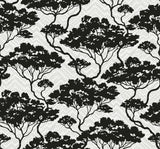 Black tree silhouettes over a subtle chevron ground in the Nara Stringcloth wallpaper colorway Onyx & Fog.