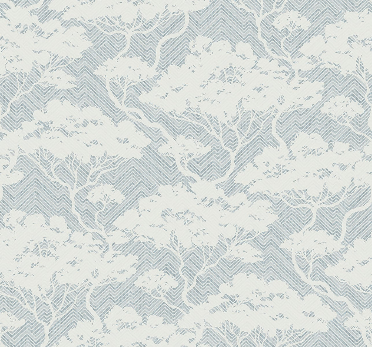 Nara Stringcloth wallpaper in Blue Mist with layered tree silhouettes over a subtle chevron texture.