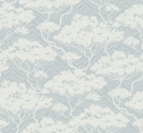 Nara Stringcloth wallpaper in Blue Mist with layered tree silhouettes over a subtle chevron texture.