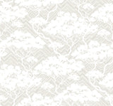 Seabrook Designs Nara Stringcloth wallpaper in Fog grey with a soft botanical silhouette over a subtle zigzag texture.