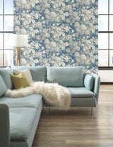 Antique Floral Wedgewood Blue & Grey Wallpaper with Classic Botanical Floral Motif - York KC1845