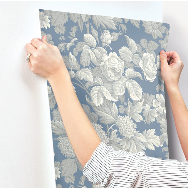 Antique Floral Wedgewood Blue & Grey Wallpaper with Classic Botanical Floral Motif - York KC1845