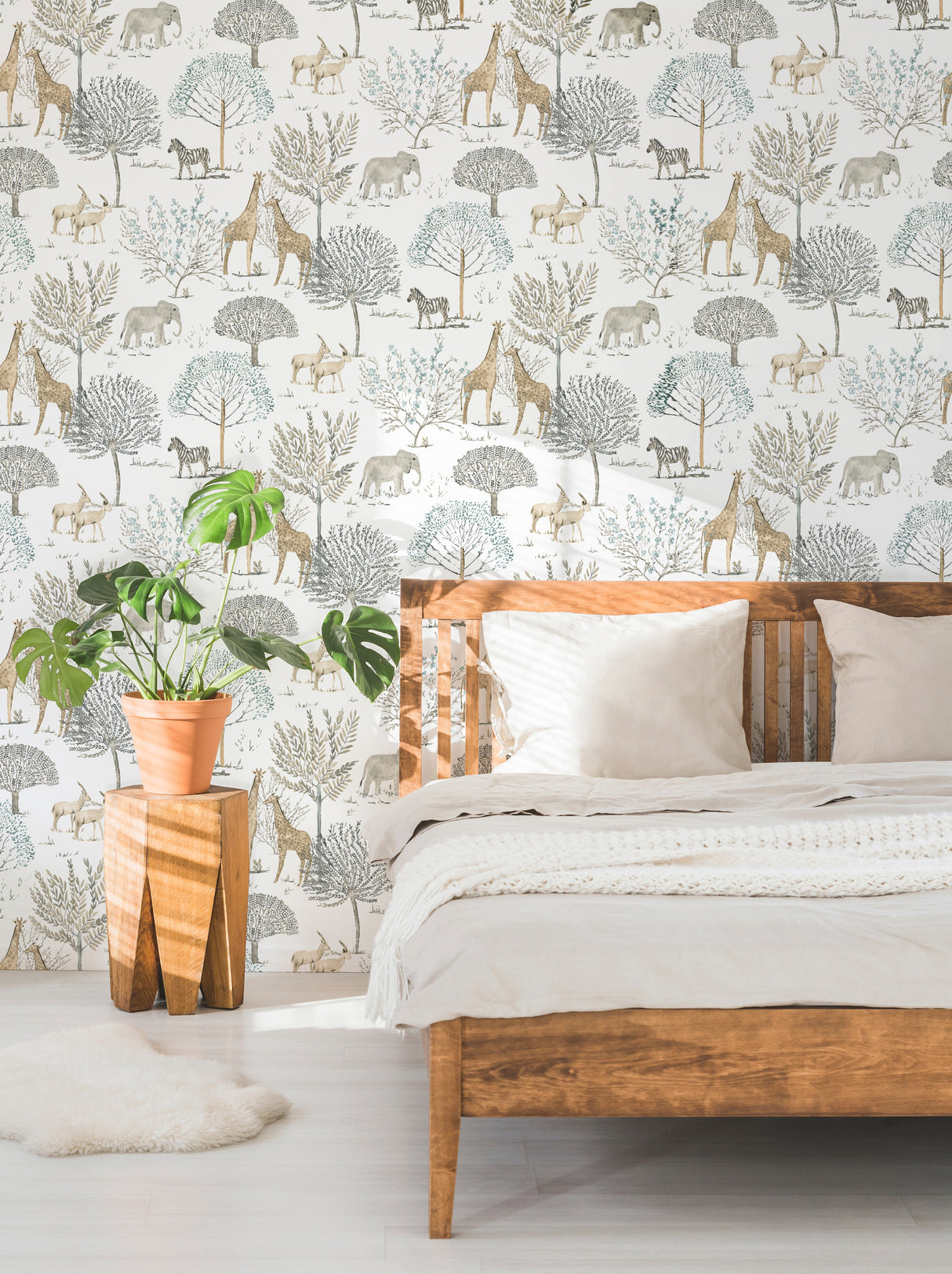 On the Savanna Neutral by York Wallcoverings Prepasted Non-Woven Strippable Washable Safari Giraffe Elephant & Zebra Wallpaper Roll - KI0541