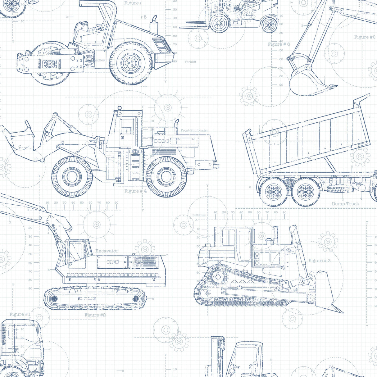 Construction Blueprint Navy Wallpaper by York Wallcoverings KS2350 featuring blueprint-style construction vehicles including excavators, dump trucks and bulldozers on a graph paper background