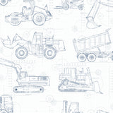 Construction Blueprint Navy Wallpaper by York Wallcoverings KS2350 featuring blueprint-style construction vehicles including excavators, dump trucks and bulldozers on a graph paper background