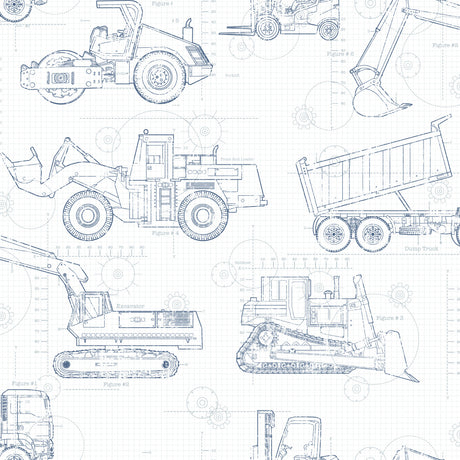 Construction Blueprint Navy Wallpaper by York Wallcoverings KS2350 featuring blueprint-style construction vehicles including excavators, dump trucks and bulldozers on a graph paper background