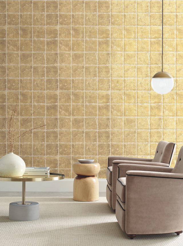Metal Leaf Squares Gold Wallpaper with Geometric Gilded Tile Motif - York KT2102