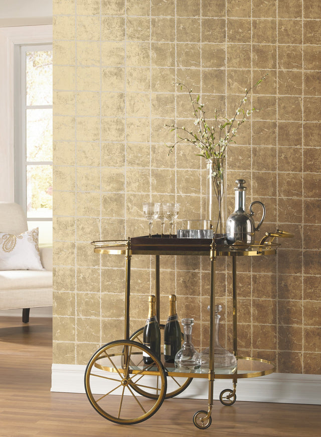 Metal Leaf Squares Gold Wallpaper with Geometric Gilded Tile Motif - York KT2102