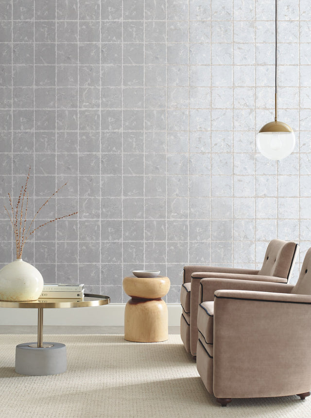 Metal Leaf Squares Silver Wallpaper with Geometric Leaf-Textured Grid - York KT2103