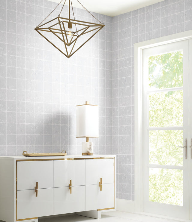 Metal Leaf Squares Silver Wallpaper with Geometric Leaf-Textured Grid - York KT2103