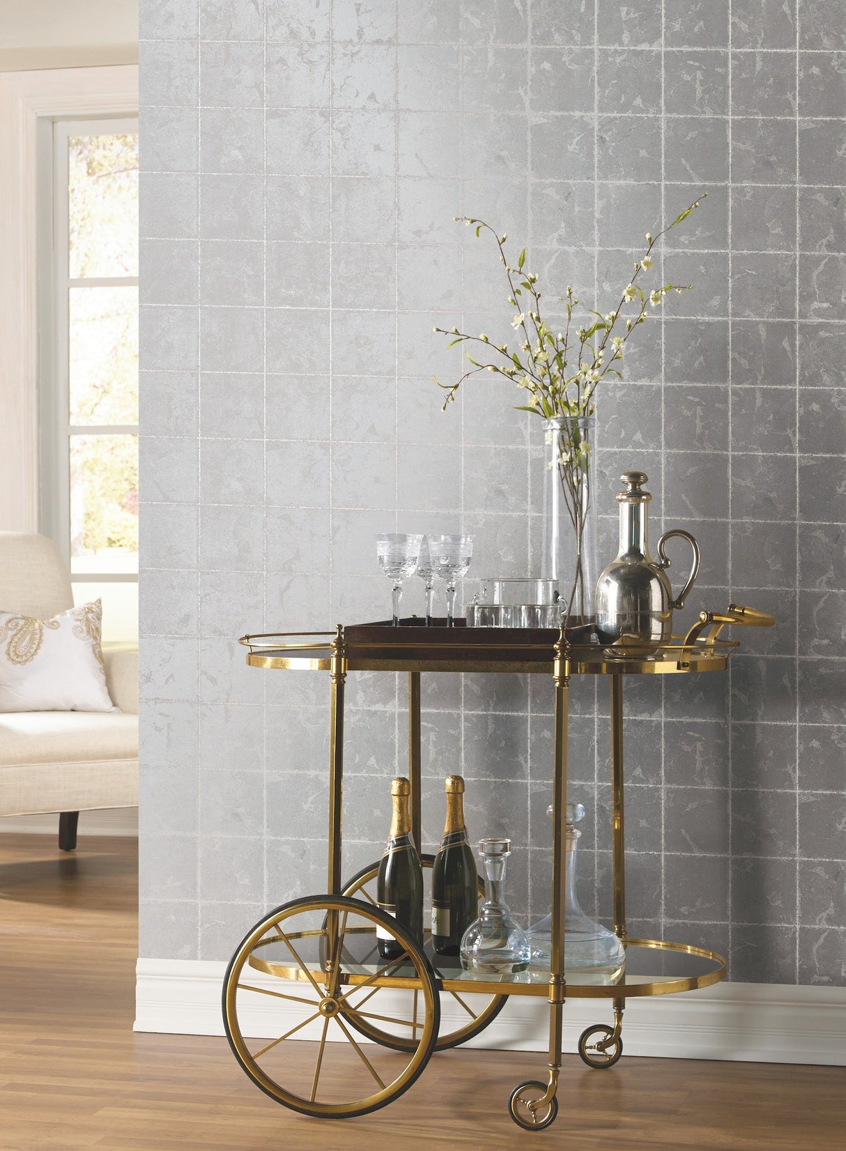 Metal Leaf Squares Silver Wallpaper with Geometric Leaf-Textured Grid - York KT2103