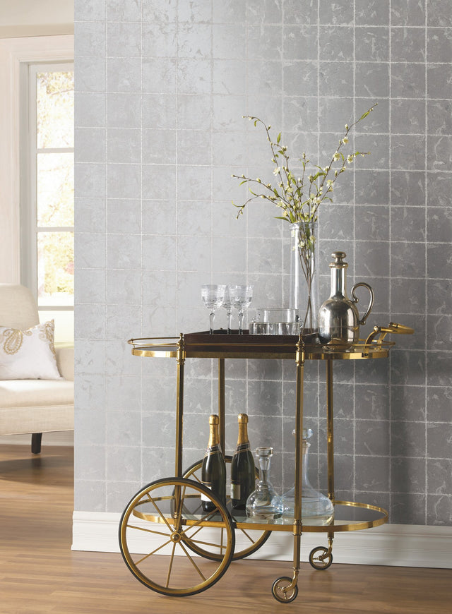 Metal Leaf Squares Silver Wallpaper with Geometric Leaf-Textured Grid - York KT2103