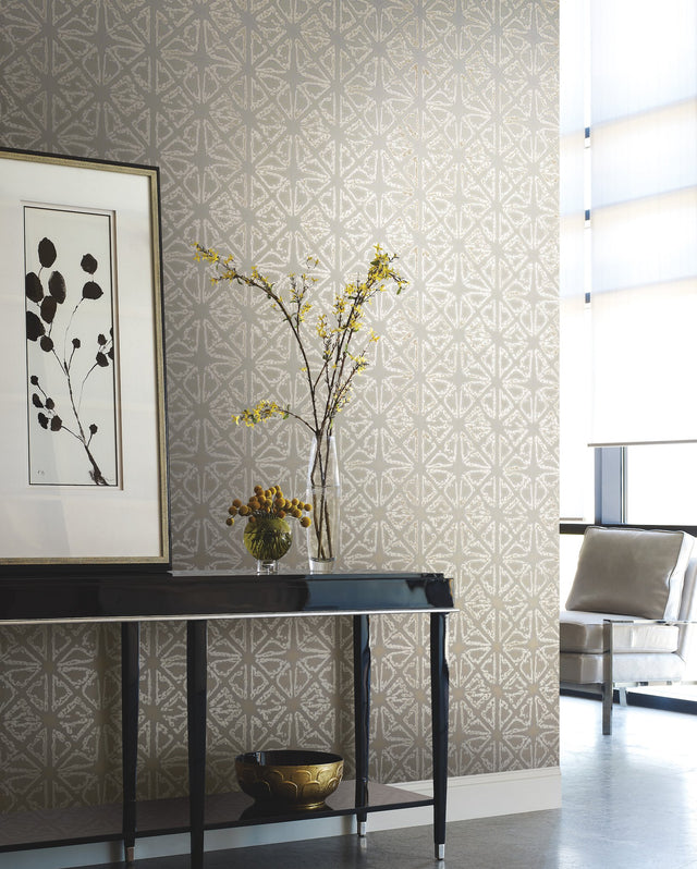 Empire Diamond Silver & Taupe Geometric Wallpaper with Luminous Mirrored Triangle Motif - York KT2112
