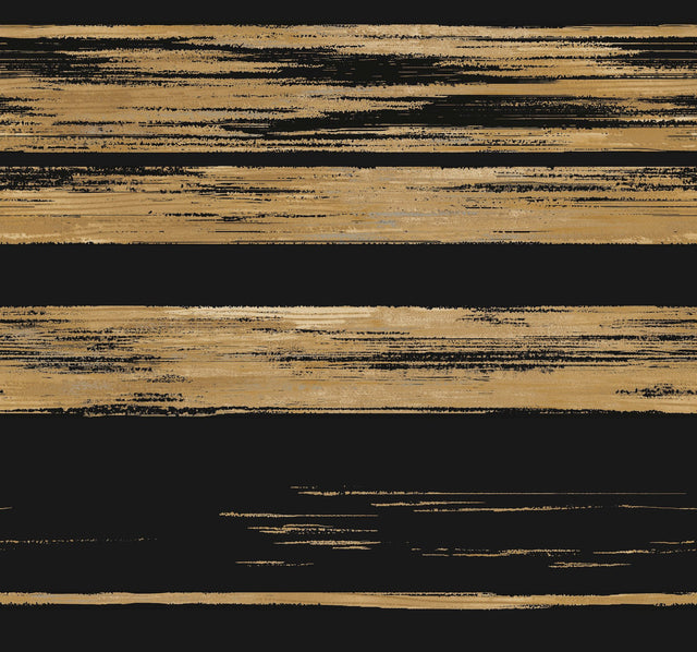 Horizontal Dry Brush Black & Gold Wallpaper with Metallic Brushstroke Stripes - York KT2151