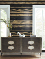 Horizontal Dry Brush Black & Gold Wallpaper with Metallic Brushstroke Stripes - York KT2151