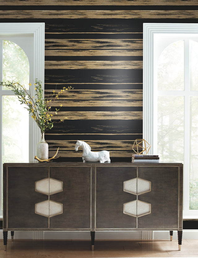 Horizontal Dry Brush Black & Gold Wallpaper with Metallic Brushstroke Stripes - York KT2151