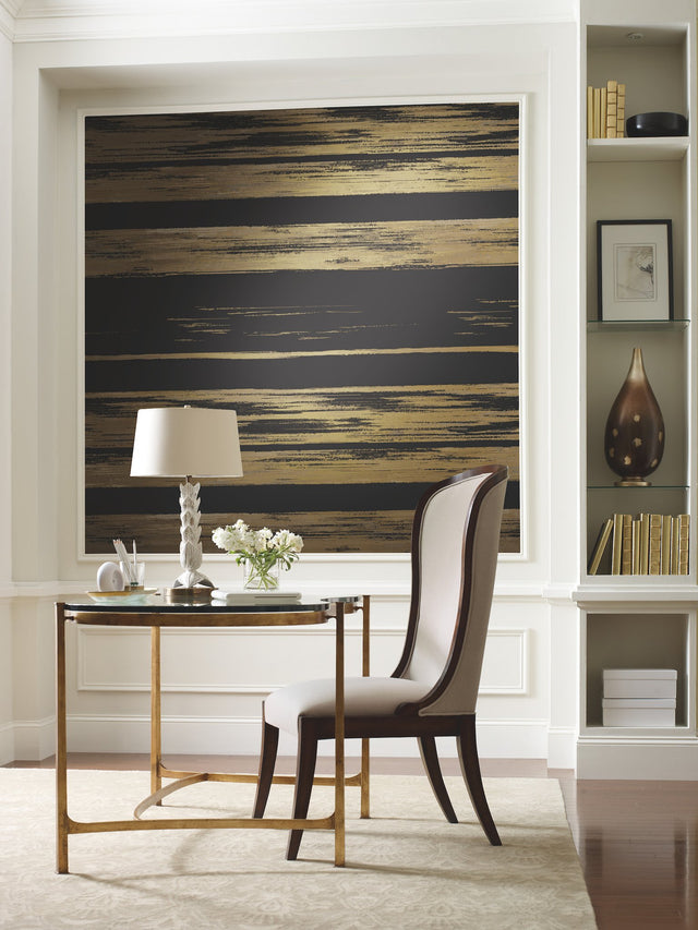 Horizontal Dry Brush Black & Gold Wallpaper with Metallic Brushstroke Stripes - York KT2151