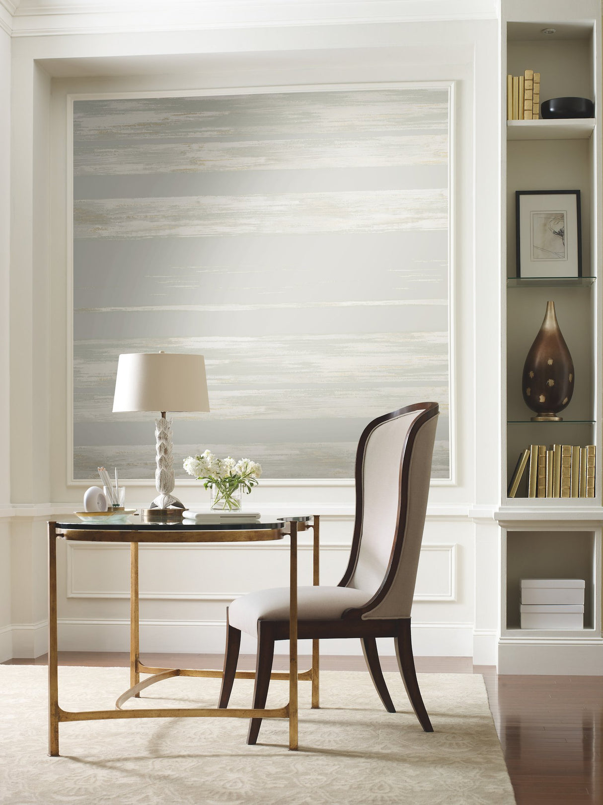Horizontal Dry Brush Grey Wallpaper with Metallic Brushstroke Stripe - York KT2152