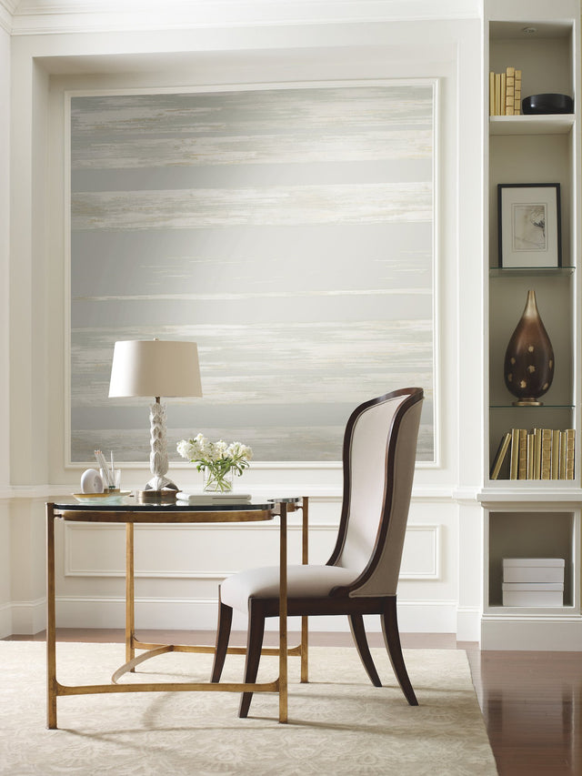 Horizontal Dry Brush Grey Wallpaper with Metallic Brushstroke Stripe - York KT2152