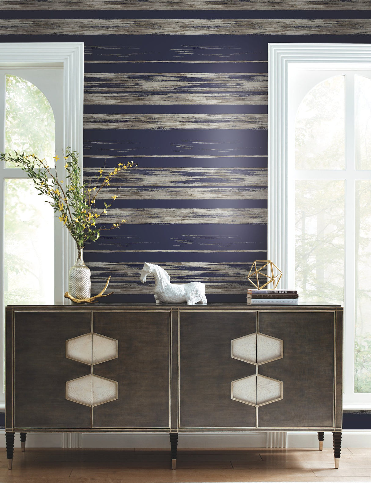 Horizontal Dry Brush Navy Wallpaper with Painterly Stripes - York KT2154