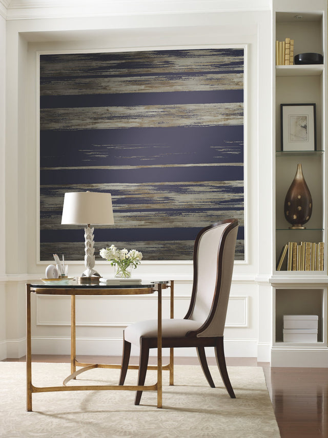Horizontal Dry Brush Navy Wallpaper with Painterly Stripes - York KT2154