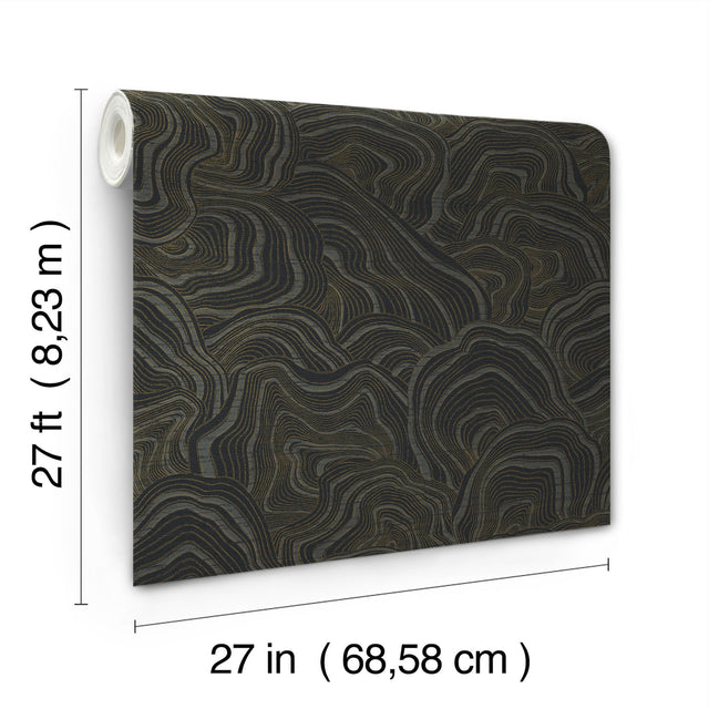 Geodes Black Wallpaper with Metallic Raised Ink Bohemian Eclectic Pattern - York KT2162