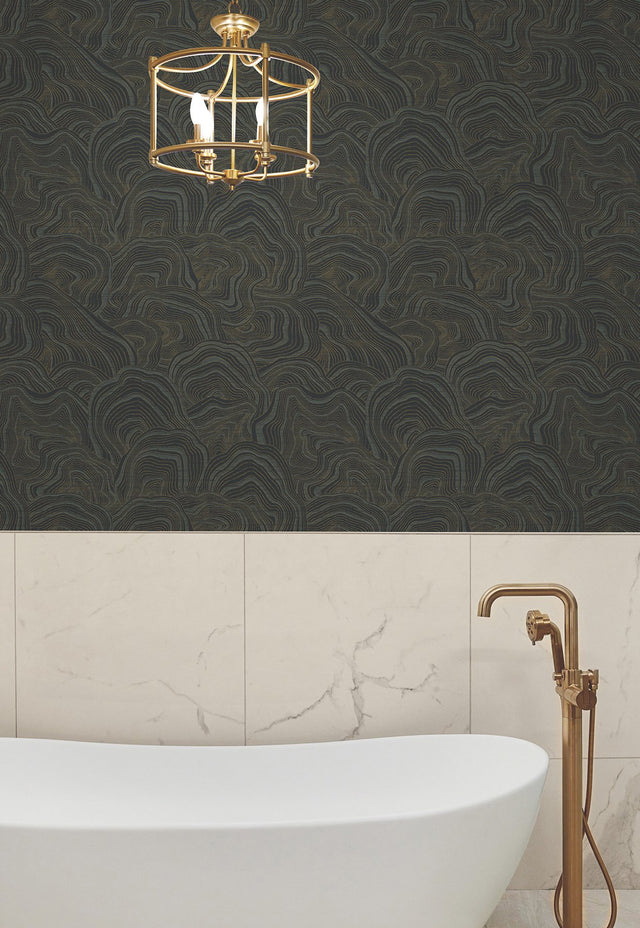 Geodes Black Wallpaper with Metallic Raised Ink Bohemian Eclectic Pattern - York KT2162