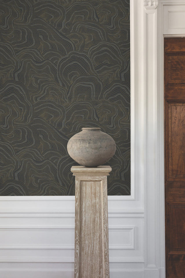 Geodes Black Wallpaper with Metallic Raised Ink Bohemian Eclectic Pattern - York KT2162