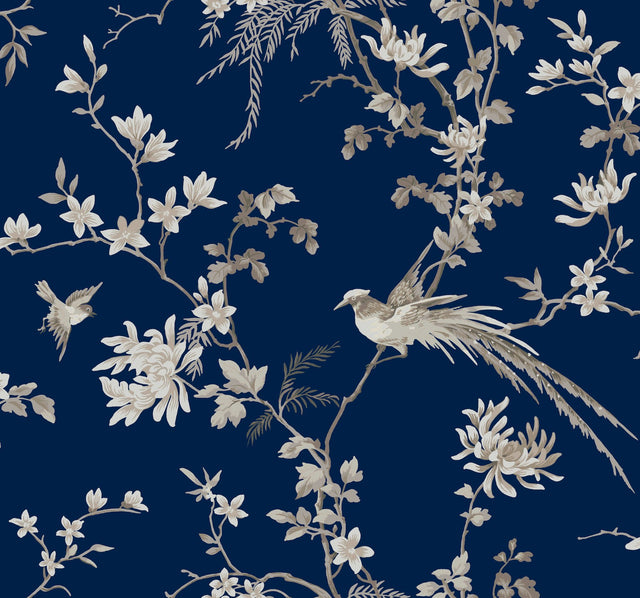 Bird & Blossom Chinoserie Blue Wallpaper with Chinoiserie Bird and Blossom Motif - York KT2171