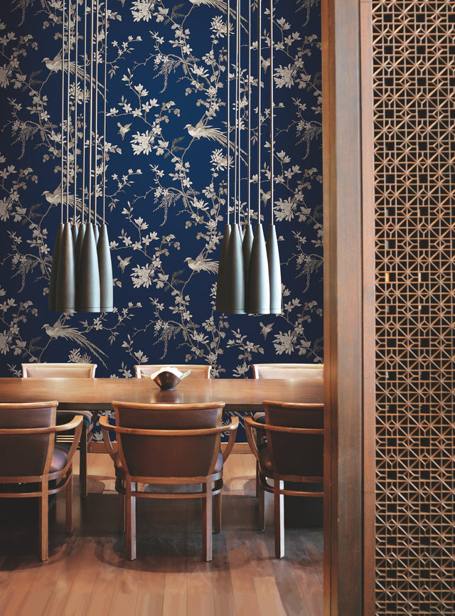 Bird & Blossom Chinoserie Blue Wallpaper with Chinoiserie Bird and Blossom Motif - York KT2171