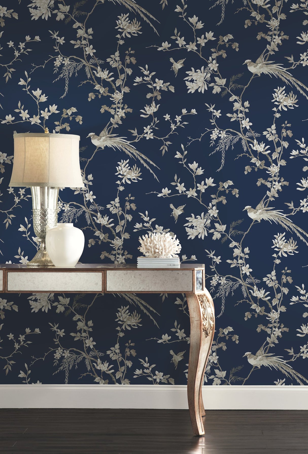Bird & Blossom Chinoserie Blue Wallpaper with Chinoiserie Bird and Blossom Motif - York KT2171