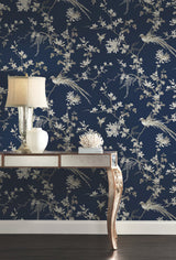 Bird & Blossom Chinoserie Blue Wallpaper with Chinoiserie Bird and Blossom Motif - York KT2171