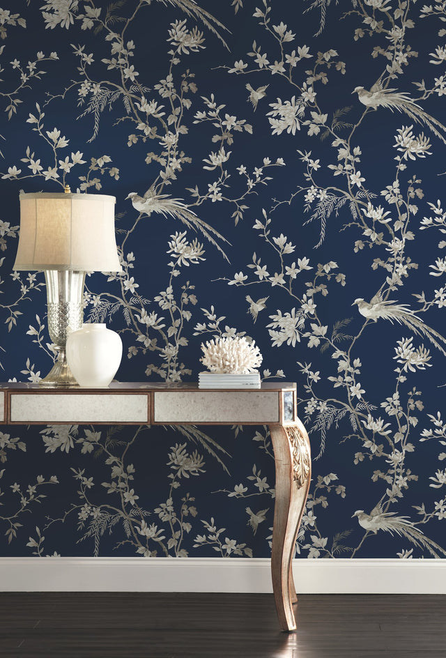 Bird & Blossom Chinoserie Blue Wallpaper with Chinoiserie Bird and Blossom Motif - York KT2171