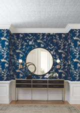 Bird & Blossom Chinoserie Blue Wallpaper with Chinoiserie Bird and Blossom Motif - York KT2171