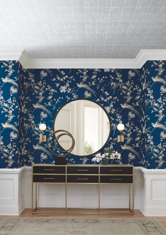 Bird & Blossom Chinoserie Blue Wallpaper with Chinoiserie Bird and Blossom Motif - York KT2171