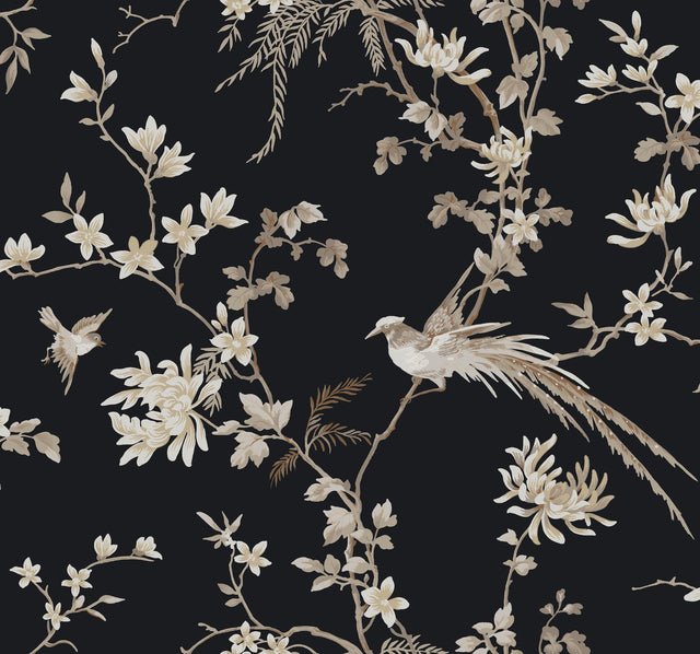 Bird & Blossom Chinoserie Black Wallpaper with Botanical Chinoiserie Motif - York KT2173
