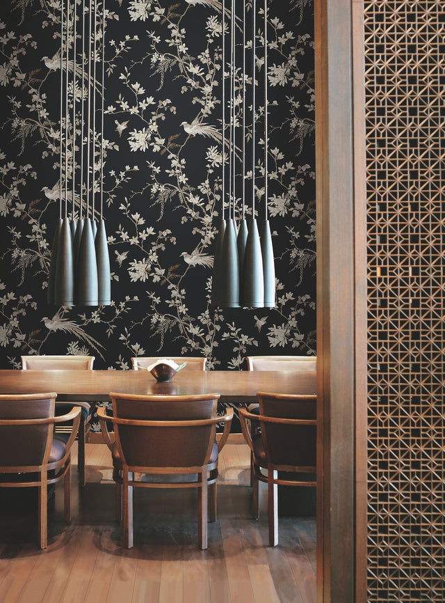 Bird & Blossom Chinoserie Black Wallpaper with Botanical Chinoiserie Motif - York KT2173