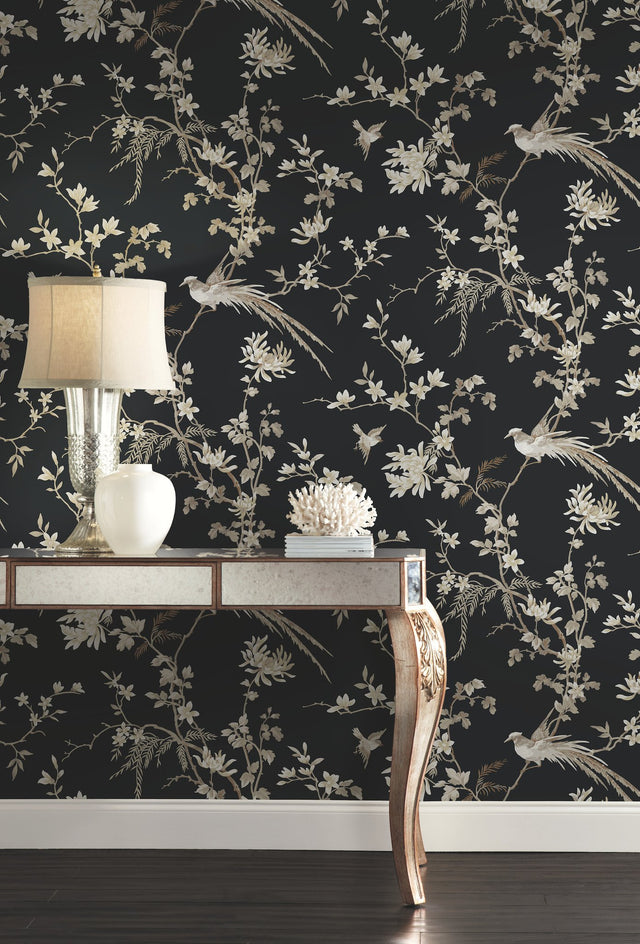 Bird & Blossom Chinoserie Black Wallpaper with Botanical Chinoiserie Motif - York KT2173