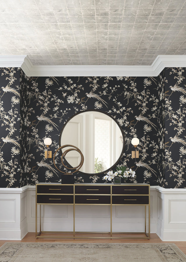 Bird & Blossom Chinoserie Black Wallpaper with Botanical Chinoiserie Motif - York KT2173