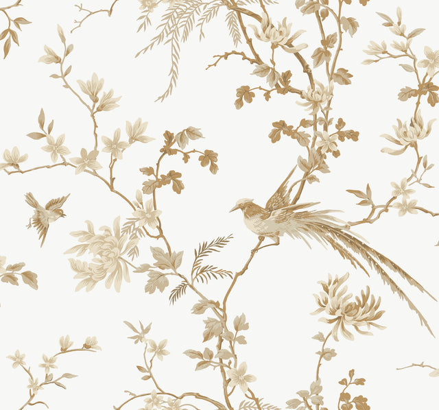 Bird & Blossom Chinoserie White & Gold Wallpaper with Botanical Chinoiserie Pattern - York KT2174