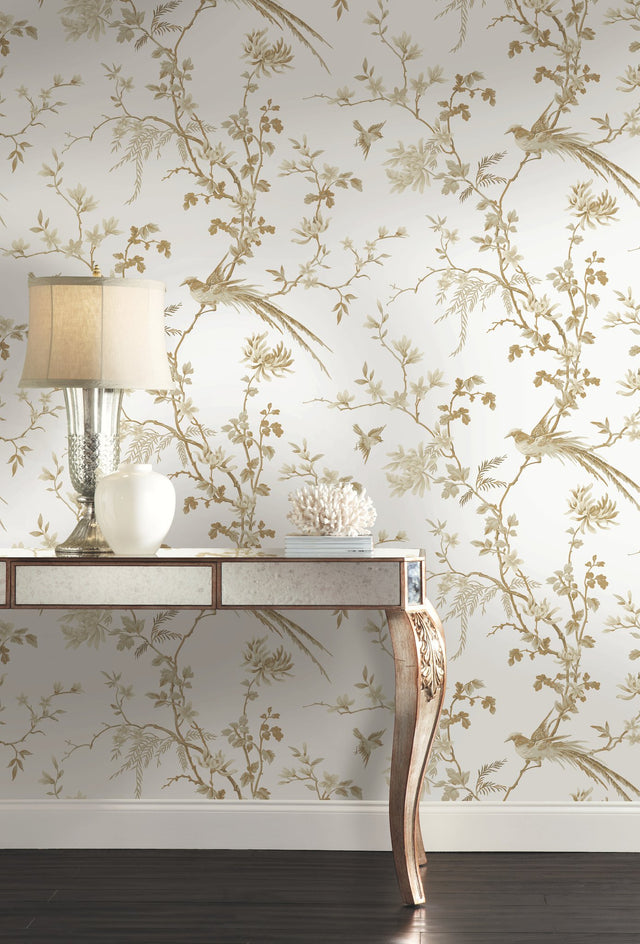 Bird & Blossom Chinoserie White & Gold Wallpaper with Botanical Chinoiserie Pattern - York KT2174