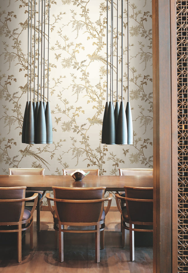 Bird & Blossom Chinoserie White & Gold Wallpaper with Botanical Chinoiserie Pattern - York KT2174