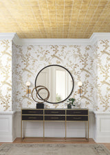 Bird & Blossom Chinoserie White & Gold Wallpaper with Botanical Chinoiserie Pattern - York KT2174